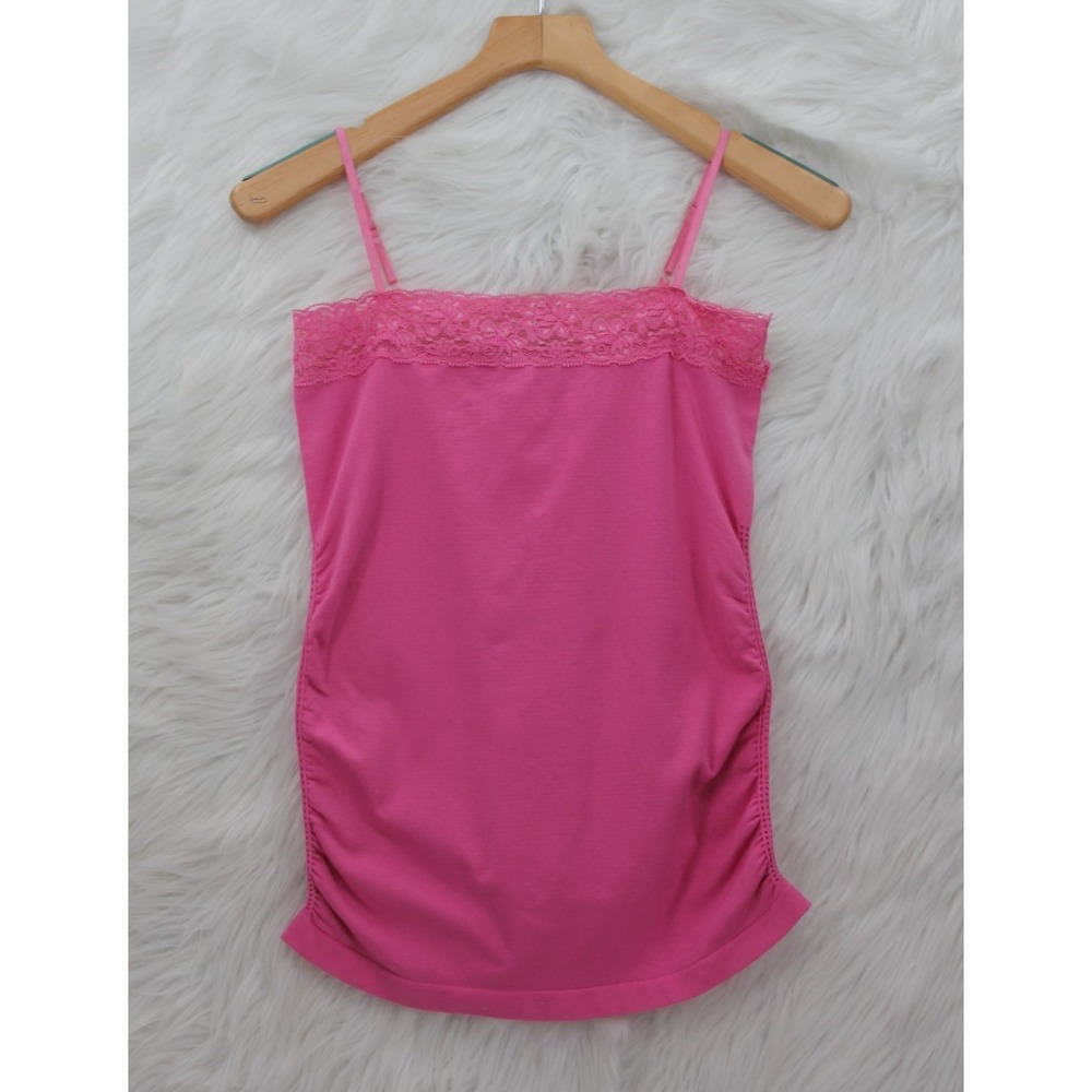 Vintage Y2K Pink Lace Trim Ruched Camisole Tank Top M Barbiecore Fairy Festival